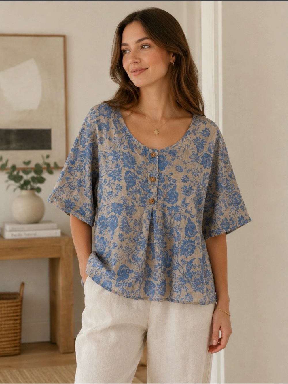 Laura Bianchi Italy 100% Linen Blue Floral Peplum Blouse Size S